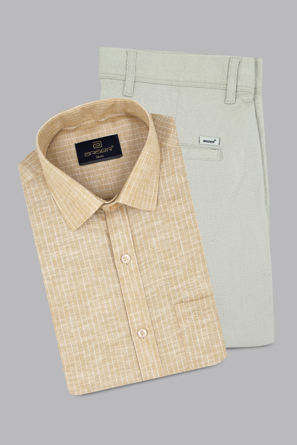 light tan shirt light gray trouser combo