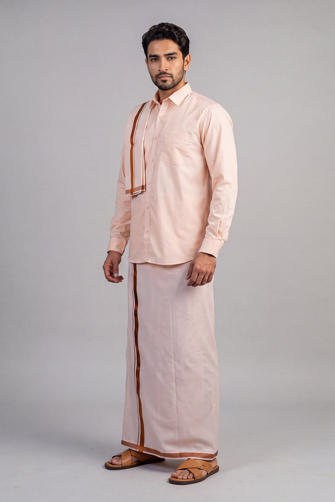 Uathayam Men's Copper Traditional Shirt Dhoti and Towel Set