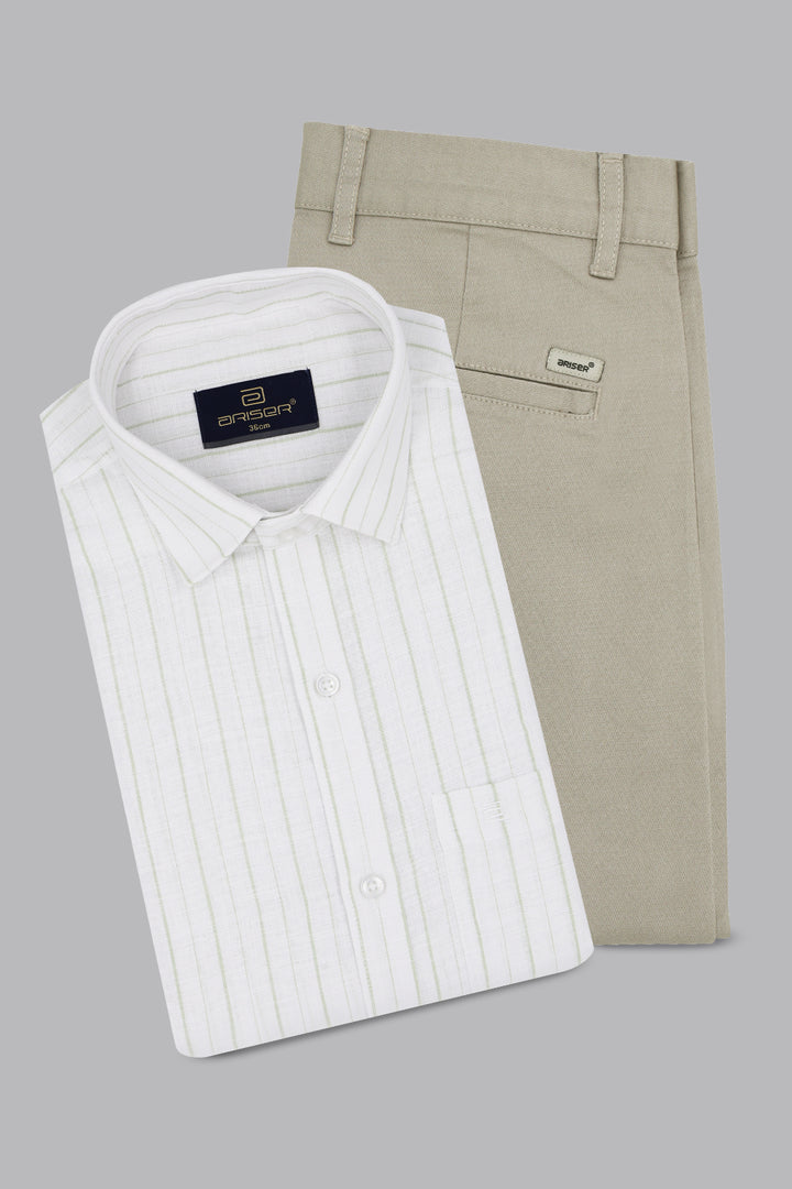 White dress shirt and beige pants on a gray background