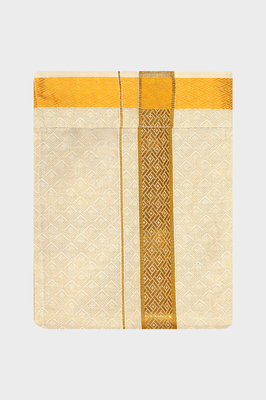 A rectangular cream-colored fabric item, likely a traditional shawl or scarf, featuring a subtle woven diamond pattern and a central vertical gold border stripe flanked by thin gold borders, set against a solid light gray background.