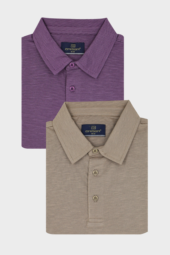 Kent Polo Pocketless T-Shirt for Men Pack of 2 - Royal Lavender Purple and Sahara Beige |Ariser