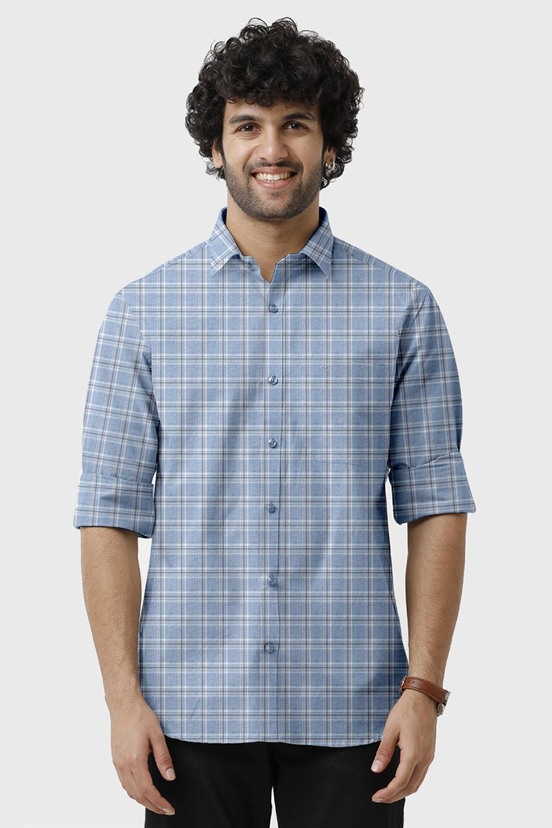 Vista - Sea Blue With White  Checked Shirts For Mens | Ariser