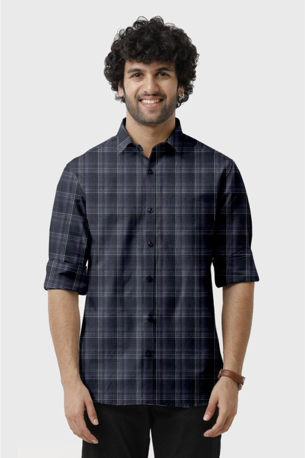 Navy Blue Checked Shirt for Men