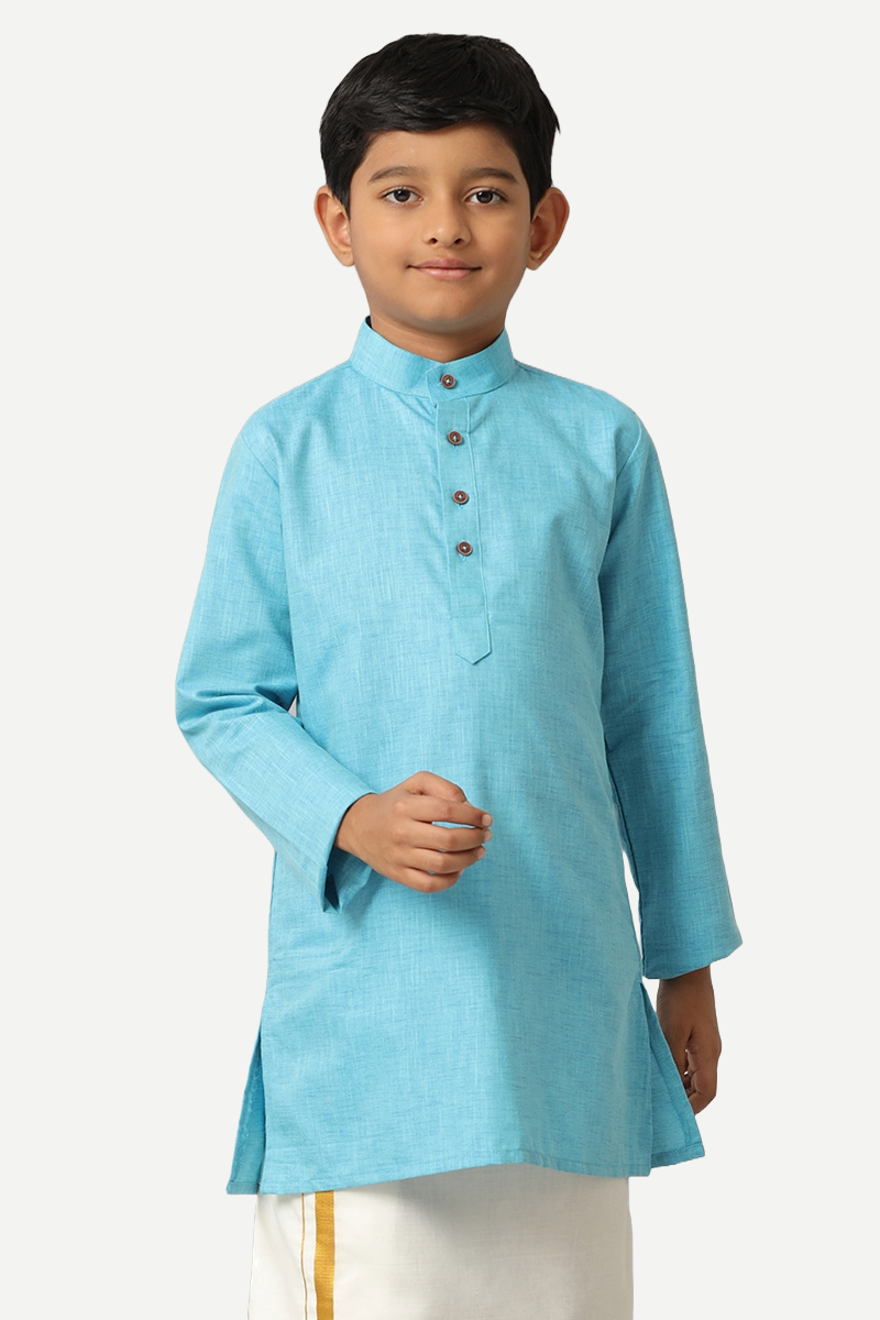 UATHAYAM Exotic Cotton Rich Full Sleeve Solid Regular Fit Kids Kurta + Dhoti 2 In 1 Set (Sky Blue)