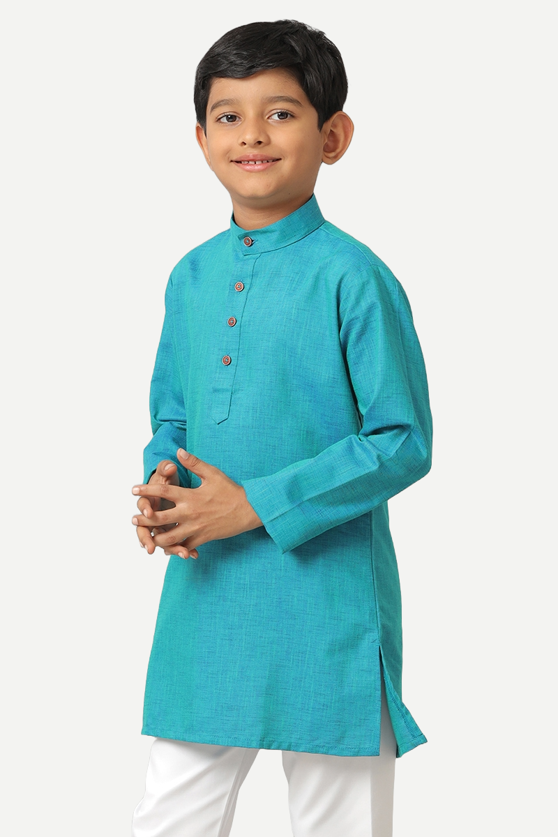 UATHAYAM Exotic Kurta Cotton Rich Full Sleeve Solid Regular Fit For Kids (Aqua Blue)
