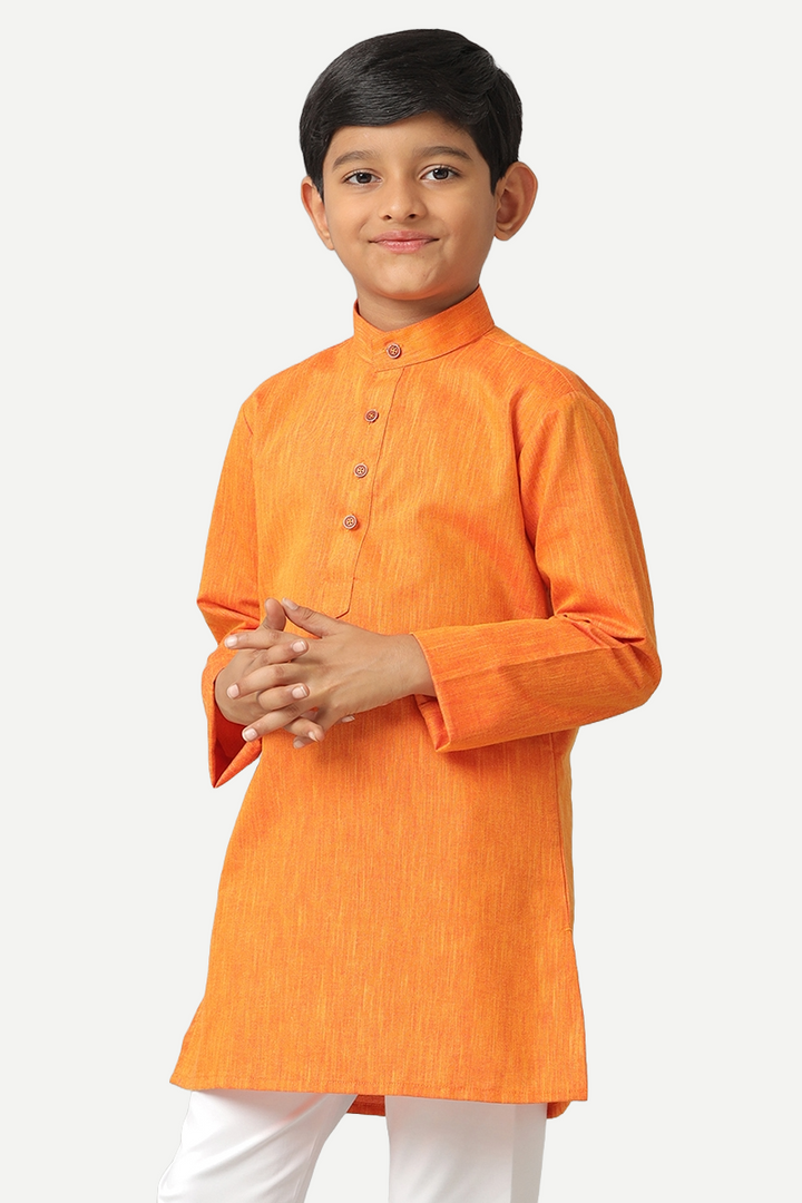 UATHAYAM Exotic Cotton Rich Full Sleeve Solid Regular Fit Kids Kurta + Pyjama 2 In 1 Set (Orange)