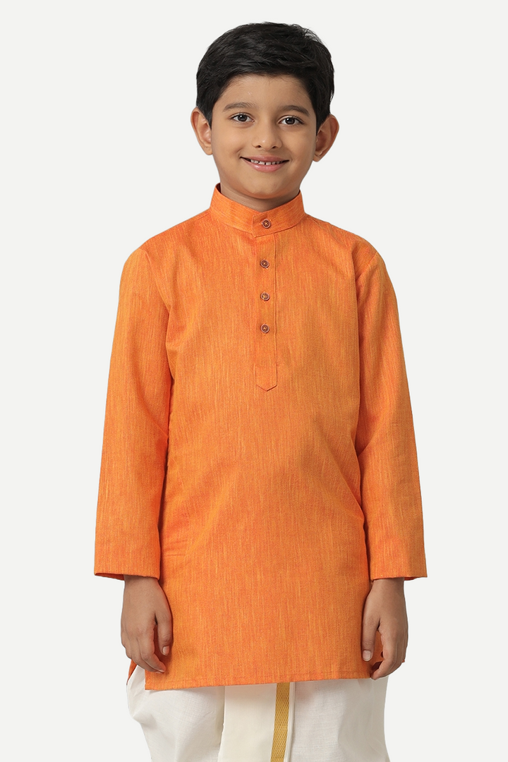 UATHAYAM Exotic Cotton Rich Full Sleeve Solid Regular Fit Kids Kurta + Panchakacham 2 In 1 Set (Orange)