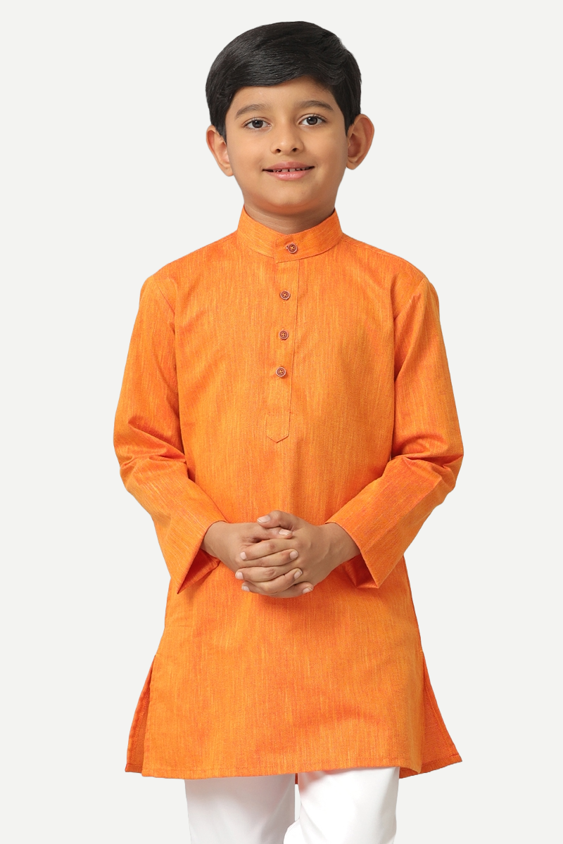 UATHAYAM Exotic Kurta Cotton Rich Full Sleeve Solid Regular Fit For Kids (Orange)