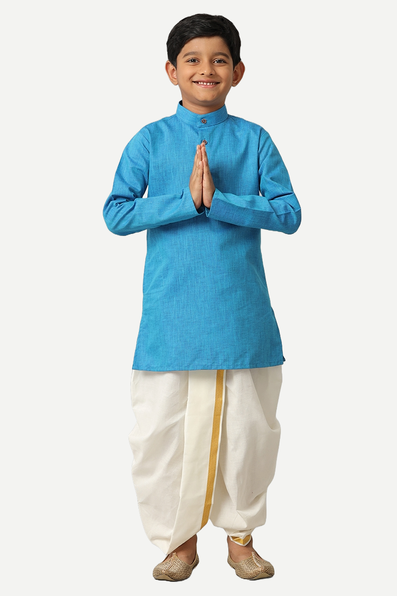 UATHAYAM Exotic Cotton Rich Full Sleeve Solid Regular Fit Kids Kurta + Panchakacham 2 In 1 Set (Sea Blue)