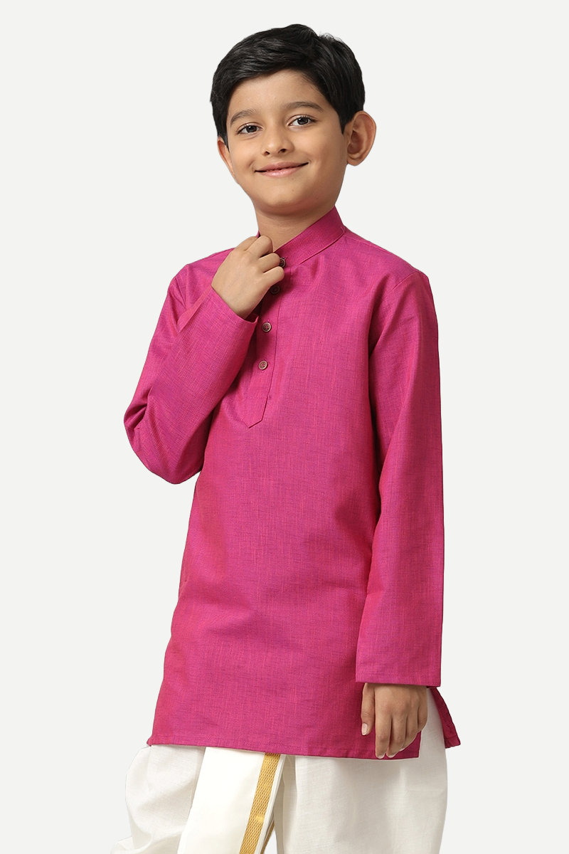 UATHAYAM Exotic Cotton Rich Full Sleeve Solid Regular Fit Kids Kurta + Panchakacham 2 In 1 Set (Dark Pink)