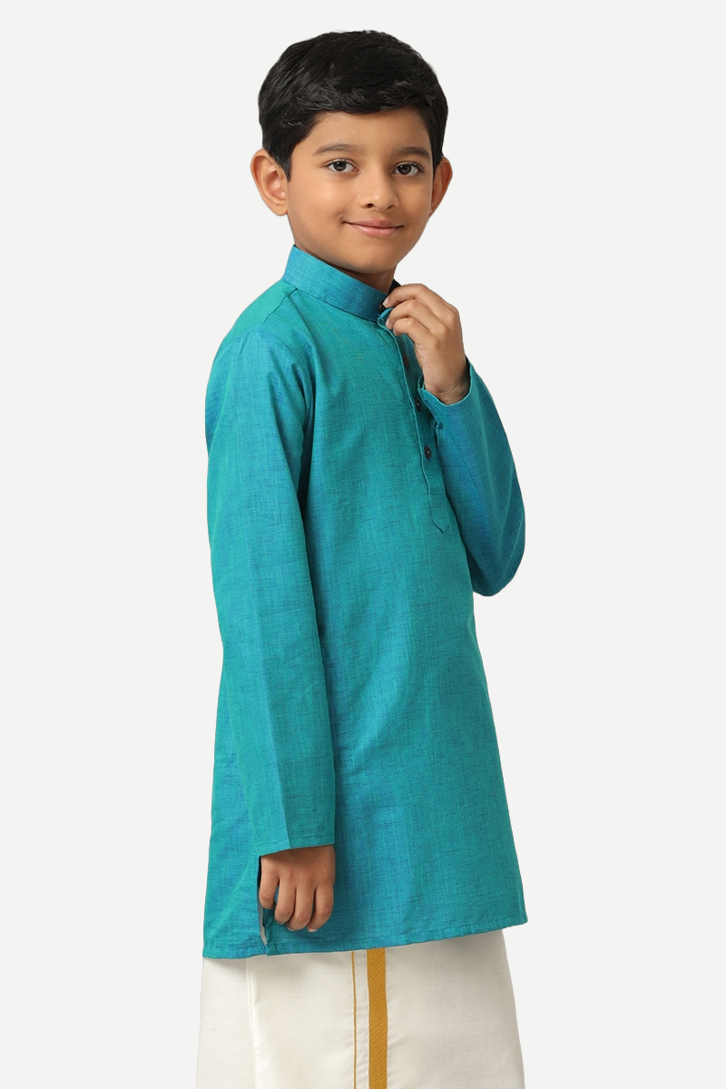 UATHAYAM Exotic Cotton Rich Full Sleeve Solid Regular Fit Kids Kurta + Dhoti 2 In 1 Set (Aqua Blue)