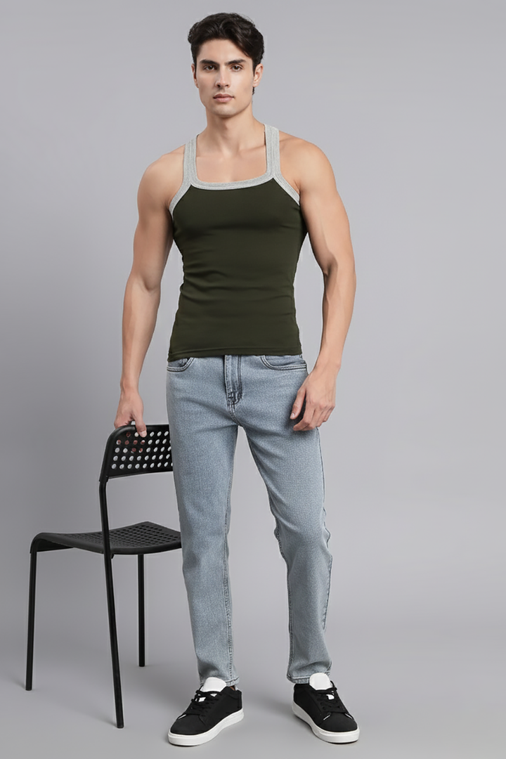 Style Vest RIB - Green Cotton Vest for Men | Uathayam