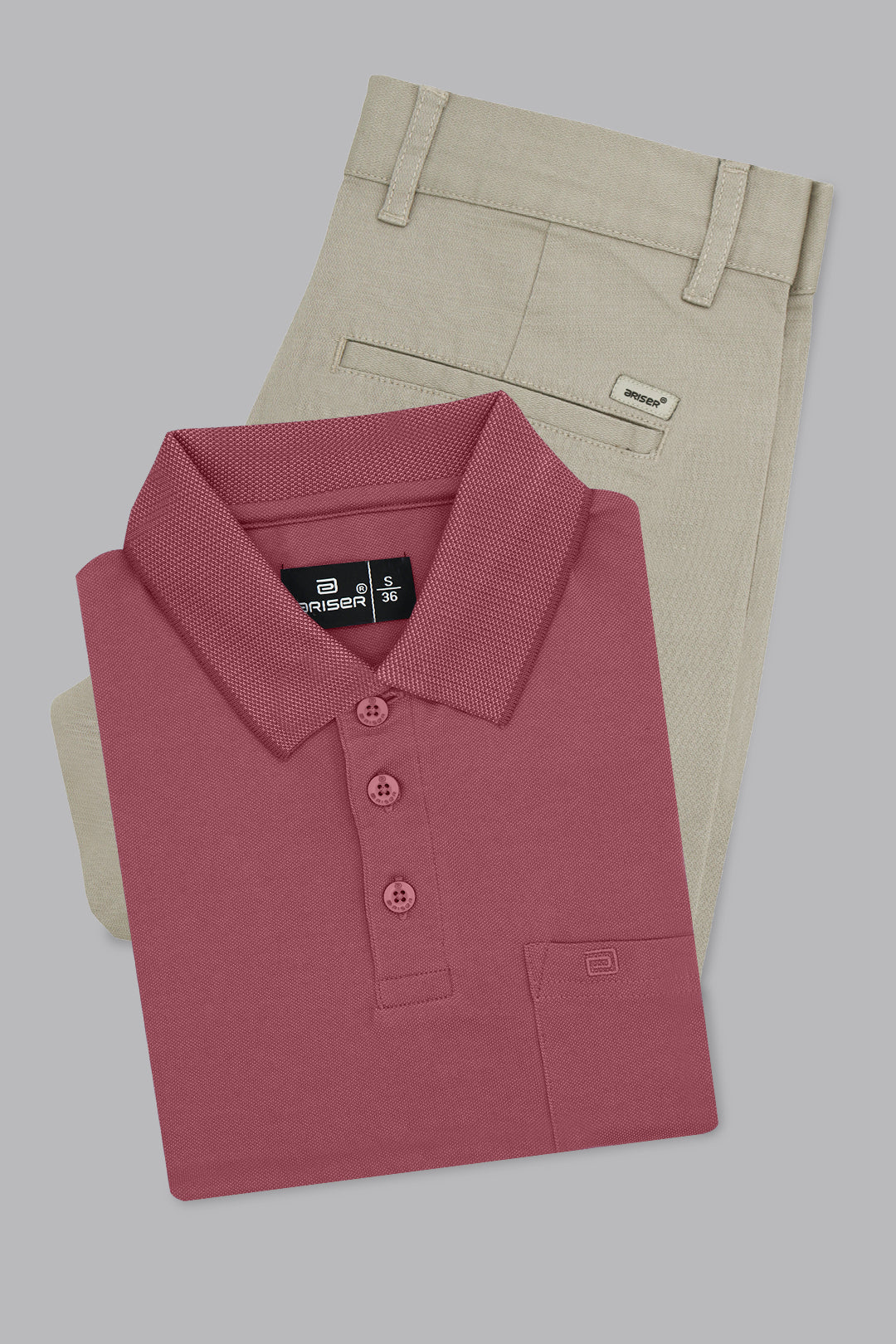 Men’s cherry red t-shirt steel gray trouser outfit