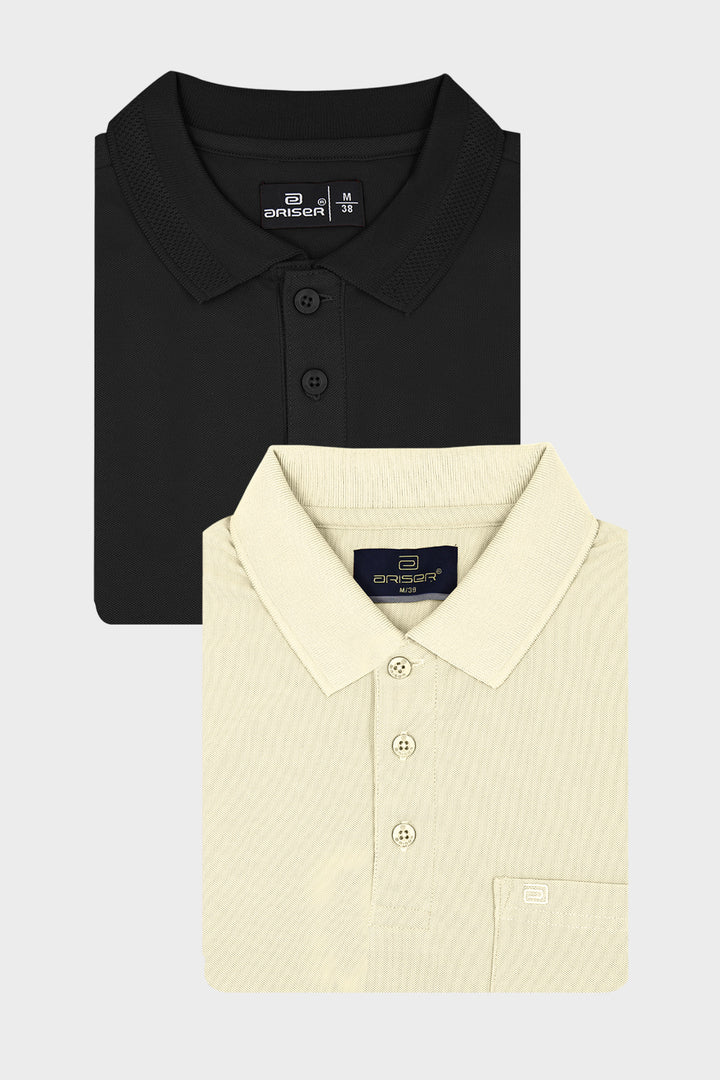 Two folded dress T-shirts: one black polo T-shirt and one cream-colored textured polo shirt, displayed against a light gray background.