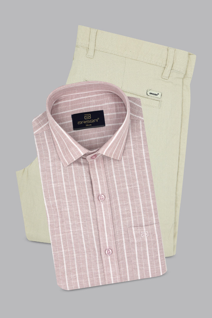 Jeta + Kansas - Soft Rose Pink Shirt With Cream White Trouser Combo For Men | Ariser