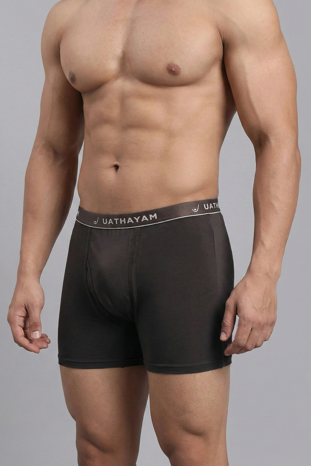 Walnut brown men’s trunks with branded outer elastic waistband