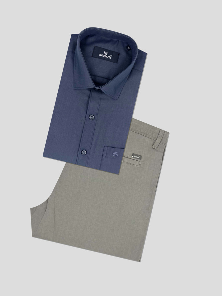 Super Soft + Kansas - Navy Blue Shirt With Stone Gray Trouser Combo For Men | Ariser