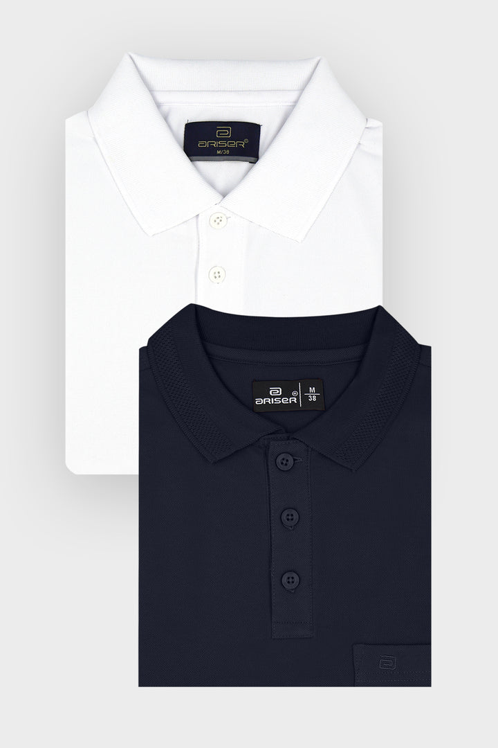 Two folded dress T-shirts from the brand Drescher, shown on a light gray background. The top shirt is white with a classic collar and three-button placket.