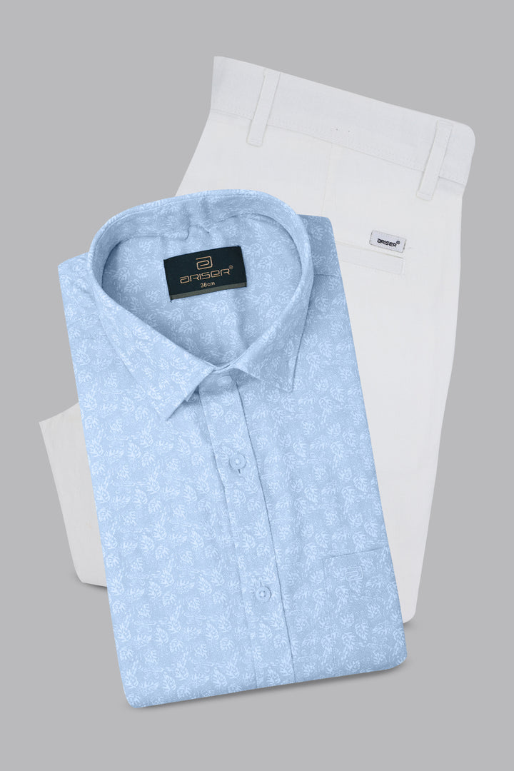 Folded light blue shirt with a pattern on a gray background