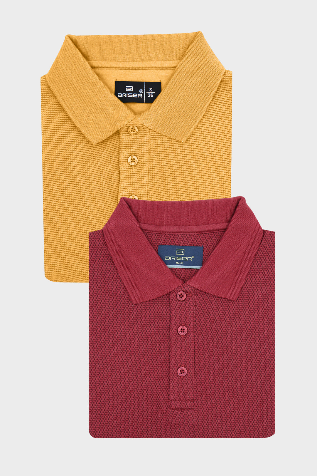 Two folded short-sleeve polo T-shirts from Ariser, one in mustard yellow and one in burgundy red, arranged on a light gray background.