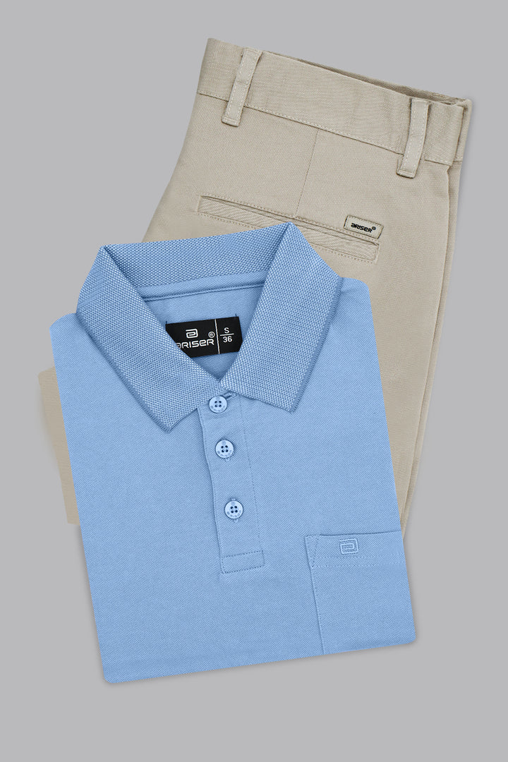 Men pastel blue t shirt and grey pant combo