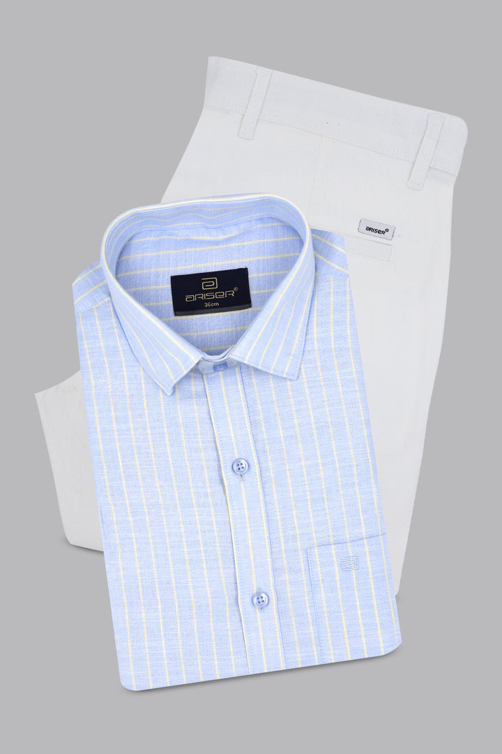 men blue shirt white pants outfit