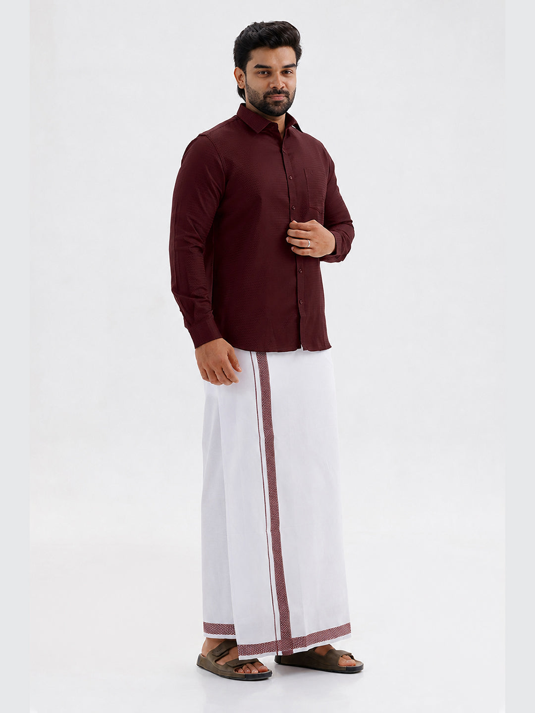 Majestic - Wine Maroon Matching Shirt And Single Layered Fancy Border Dhoti Set For Men | Uathayam