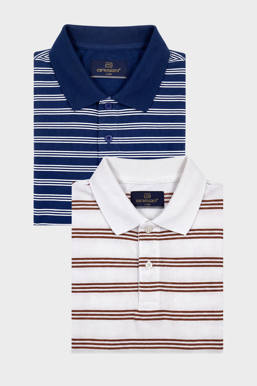 Two folded polo shirts from Caratstone on a light gray background. The top shirt is navy blue with white horizontal stripes, and the bottom shirt is white with thin brown horizontal stripes.