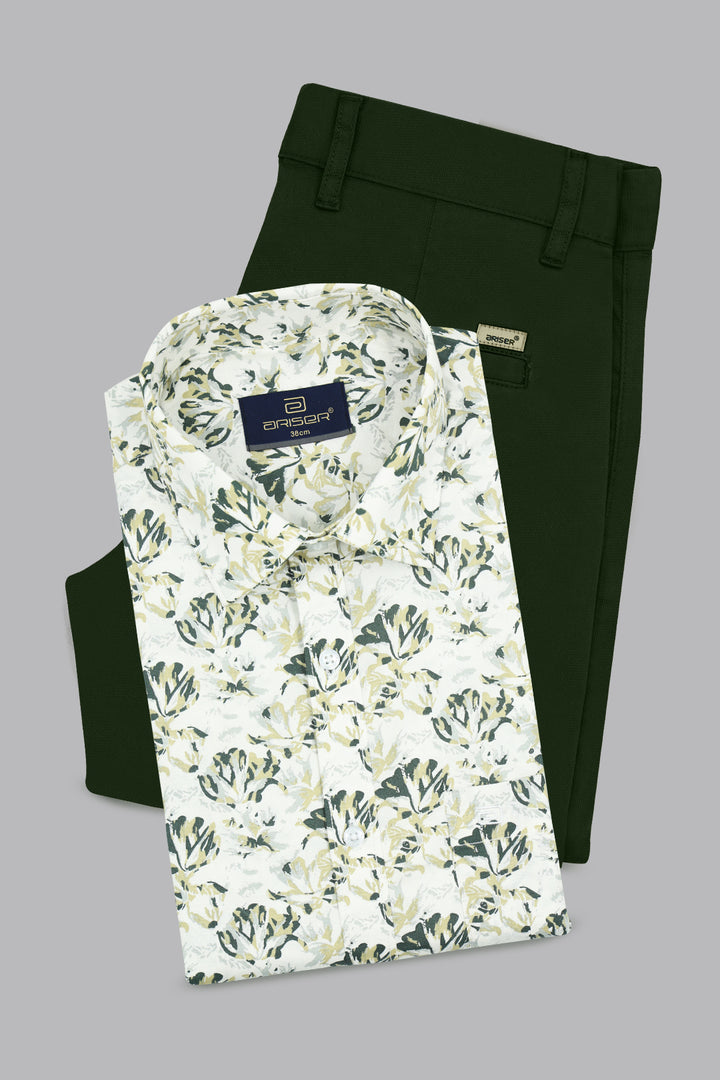 Floral shirt and dark pants on a gray background