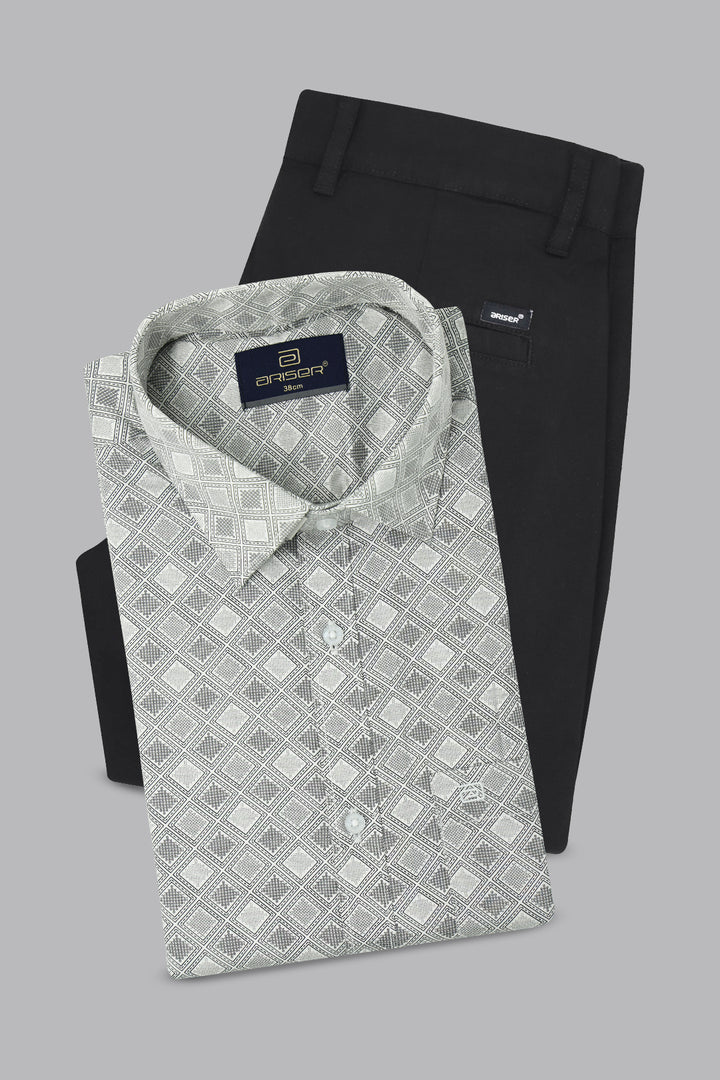 Vudu + Monaco - Mist Gray Printed Shirt With Black Trouser Combo For Men | Ariser