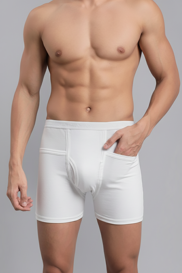 Ultimate Fine white cotton trunks for men with outer elastic