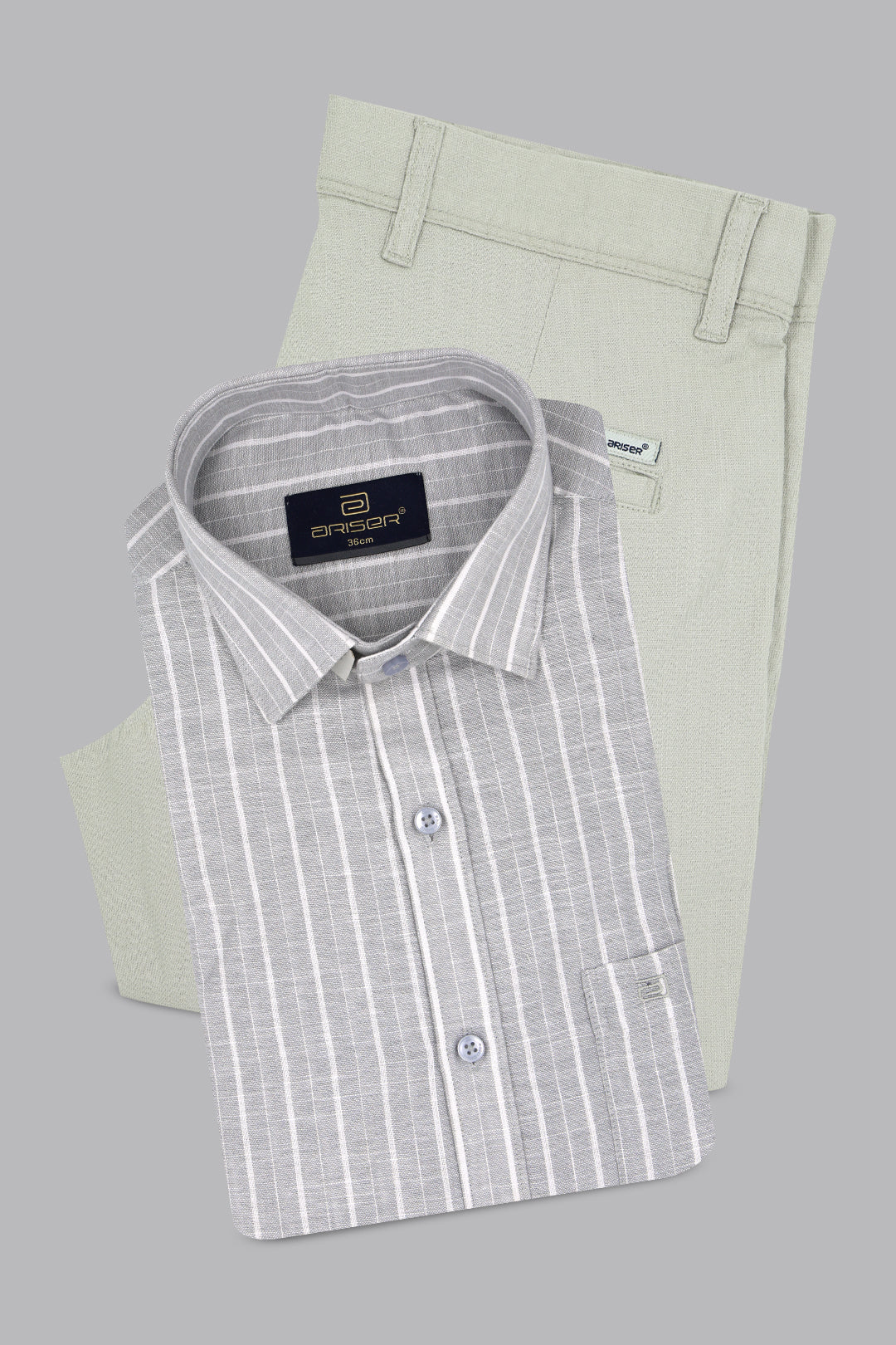 men gray shirt gray pants outfit