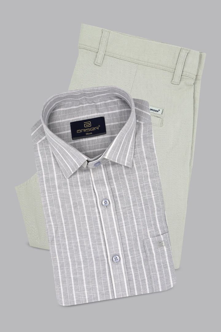 men gray shirt gray pants outfit