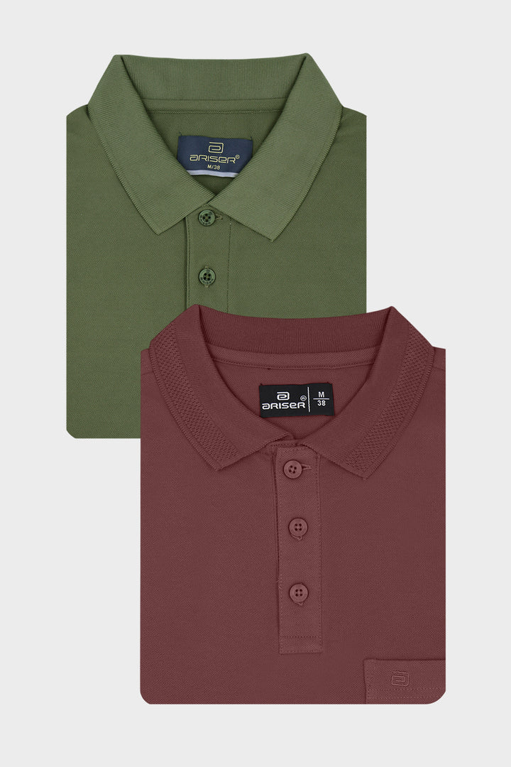Macro Polo + Lycra Polo - Sage Green & Cocoa Rust Brown T-Shirts Pack Of 2 Combo For Men | Ariser