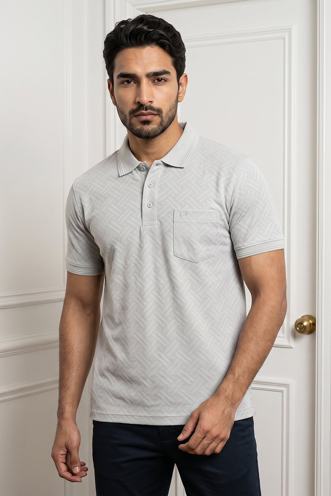 Clark Polo + Basic Chino - Sage Mist Gray T-Shirt With Navy Blue Trouser Combo For Men | Ariser