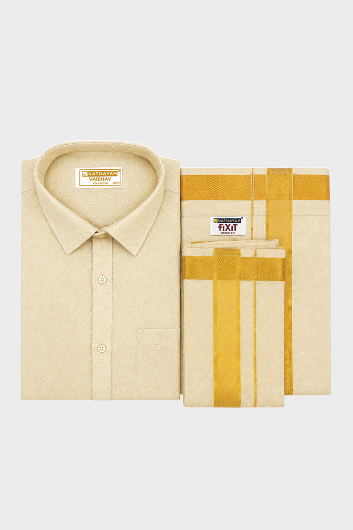 A folded cream-colored cotton shirt with a matching striped Jari dhoti and pocket square, displayed on a light gray background.