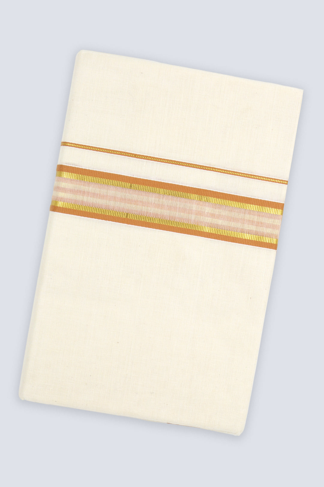 An off-white cotton muslin cloth, likely a traditional dhoti or lungi, featuring a decorative horizontal band with gold, orange, and pink stripes, shown on a light blue-gray background.