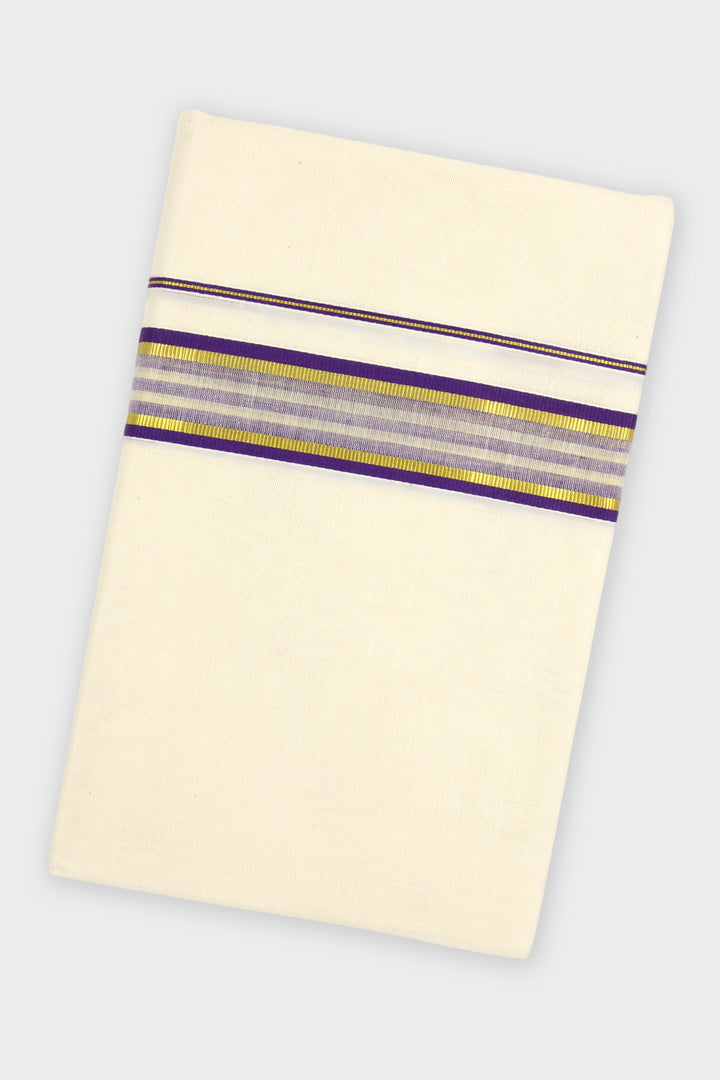 An off-white cotton dhoti cloth folded to show its texture, featuring a decorative border with purple, gold, and white stripes near the top edge, set against a light gray background.