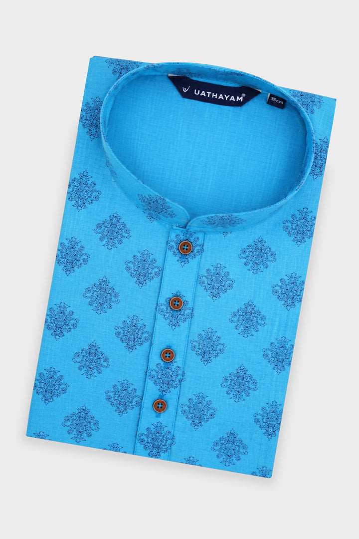 Ocean Blue Printed Long Kurta for Men by Uathayam