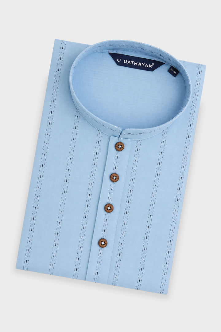Men's Powder Blue Printed Cotton Long Kurta