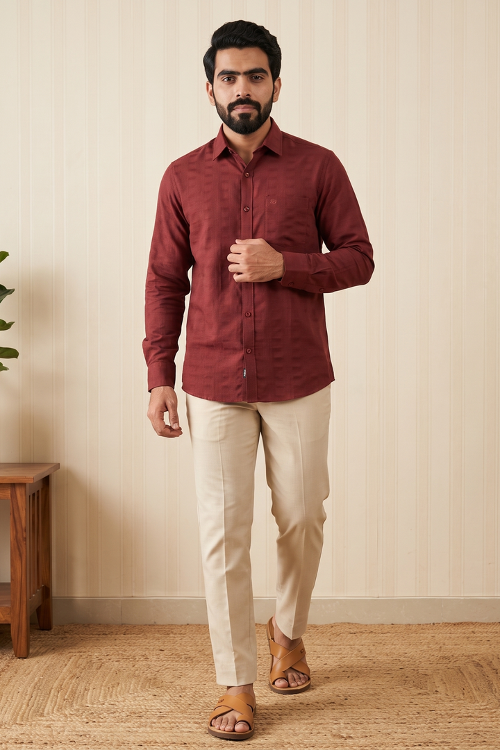 Mexican Dobby + Kansas - Deep Brick Red Shirt with Cream White Trouser Combo For Men | Uathayam