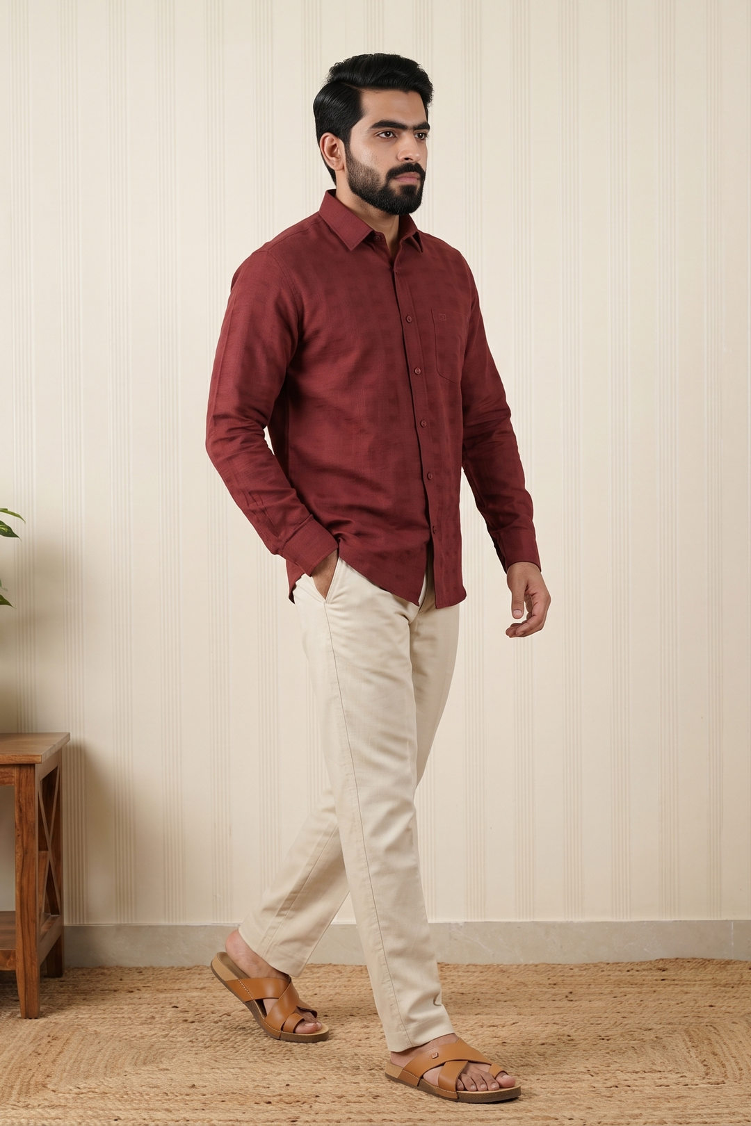 Mexican Dobby + Kansas - Deep Brick Red Shirt with Cream White Trouser Combo For Men | Uathayam