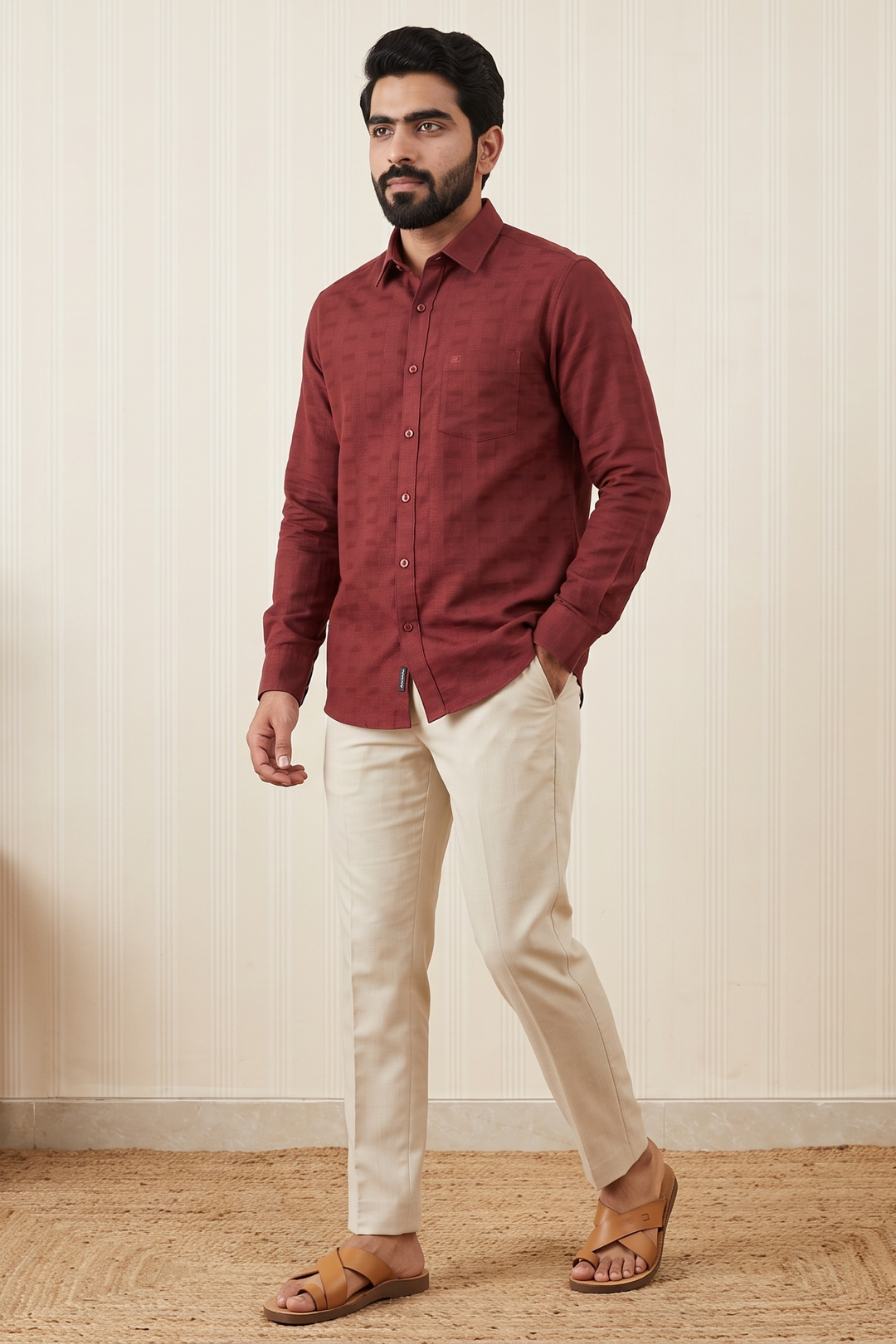 Mexican Dobby + Kansas - Deep Brick Red Shirt with Cream White Trouser Combo For Men | Uathayam
