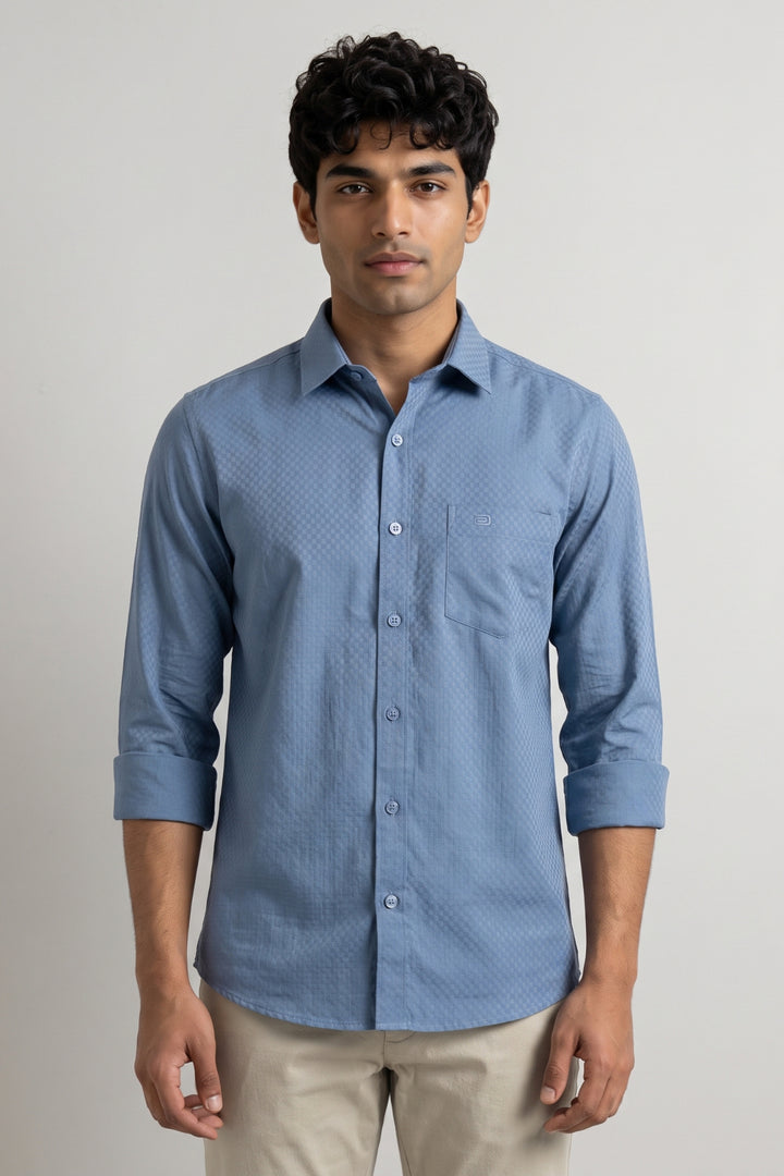 Italian Dobby - Steel Blue Embossed Line Formal Shirts For Men | Ariser