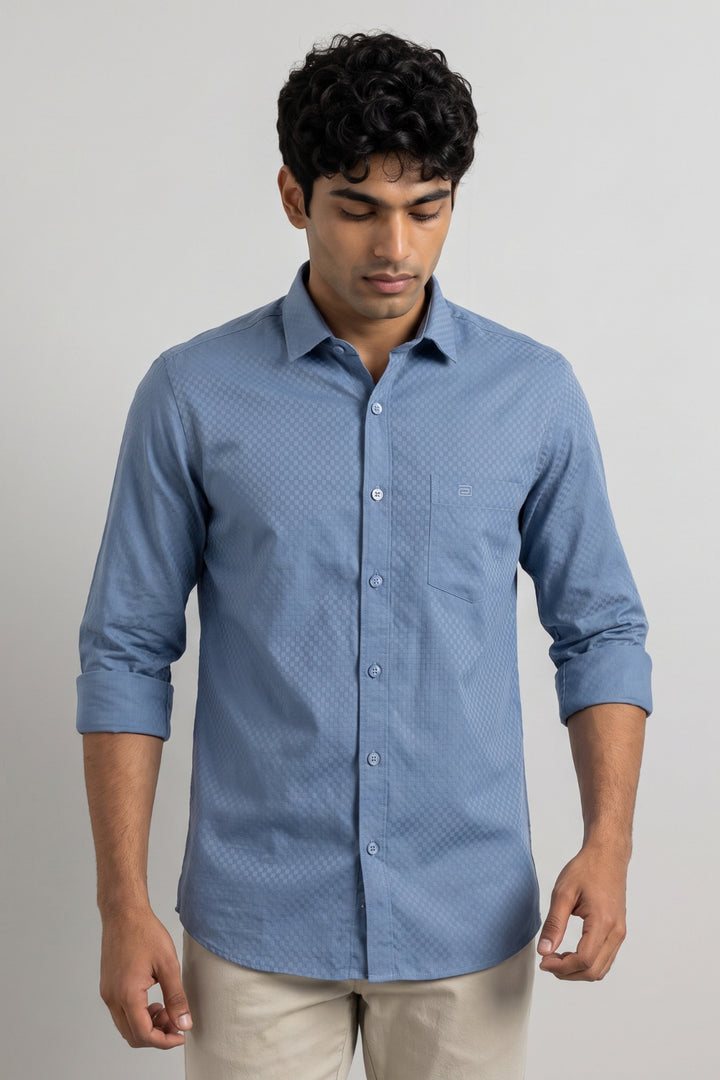 Italian Dobby - Steel Blue Embossed Line Formal Shirts For Men | Ariser
