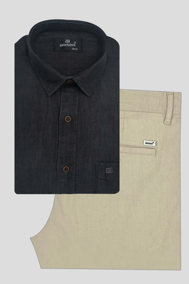 Black shirt and beige pants on a light gray background