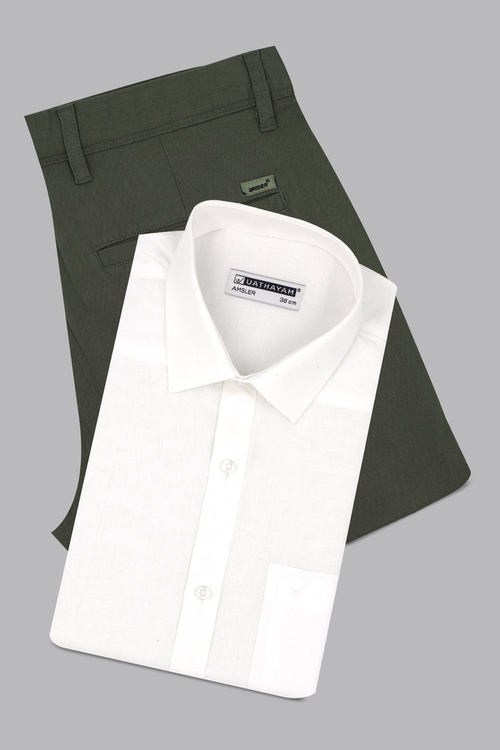 White dress shirt and green pants on a grey background