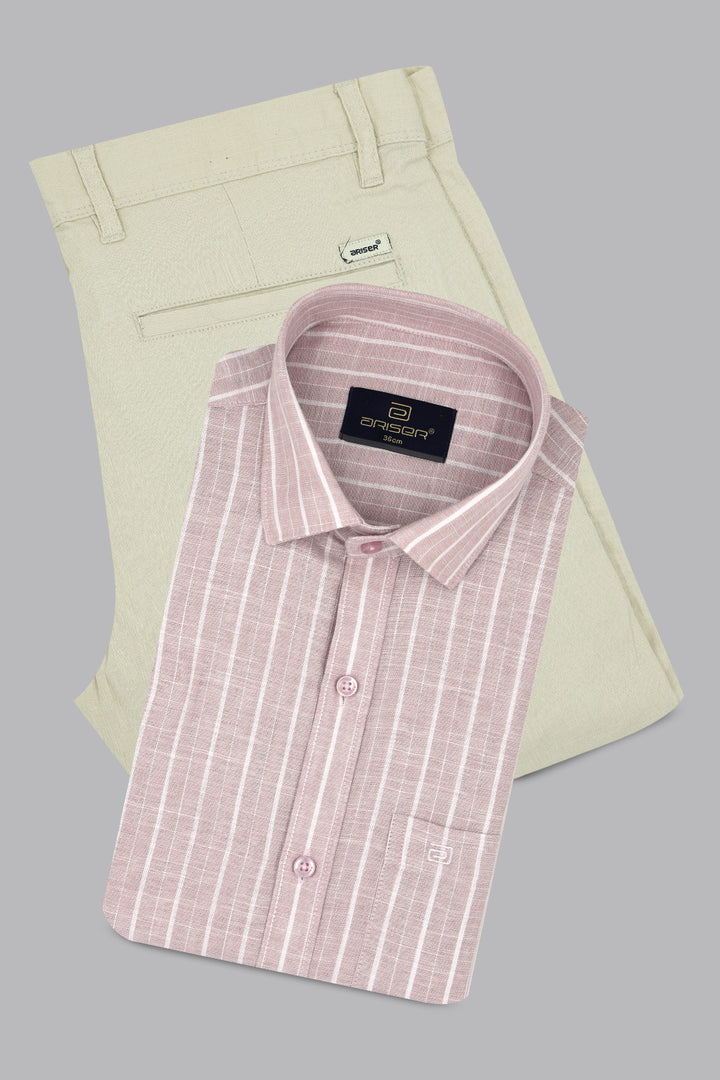 Jeta + Kansas - Soft Rose Pink Shirt With Cream White Trouser Combo For Men | Ariser