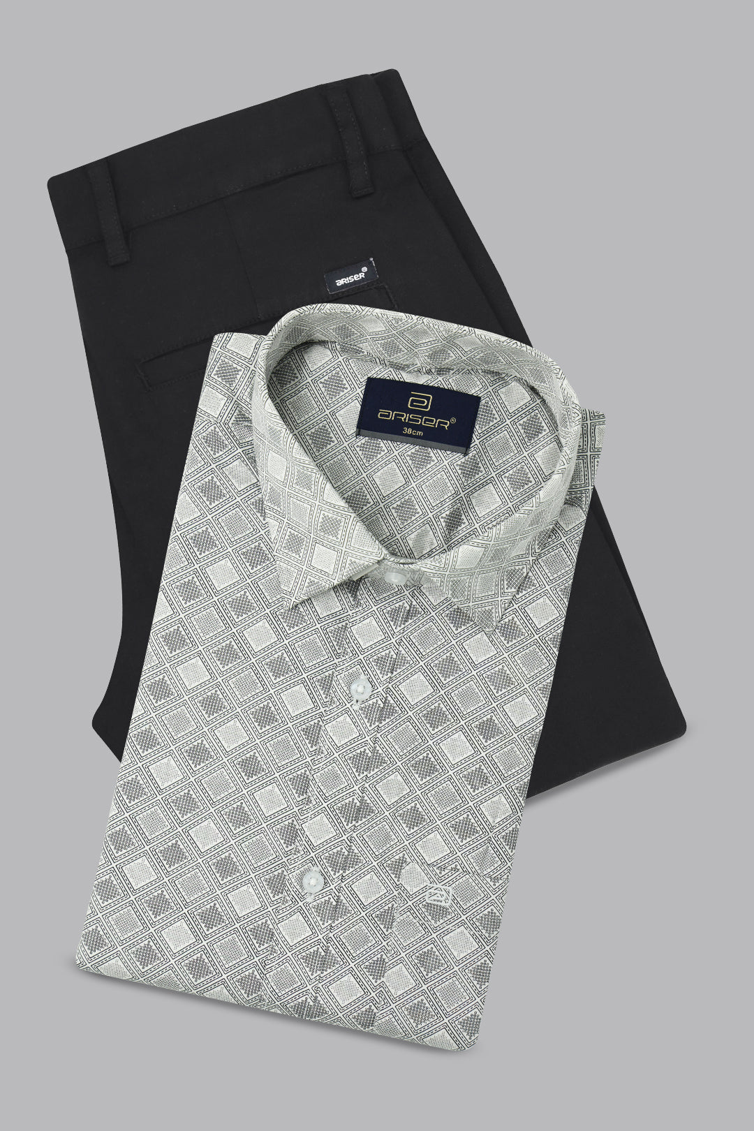 Vudu + Monaco - Mist Gray Printed Shirt With Black Trouser Combo For Men | Ariser