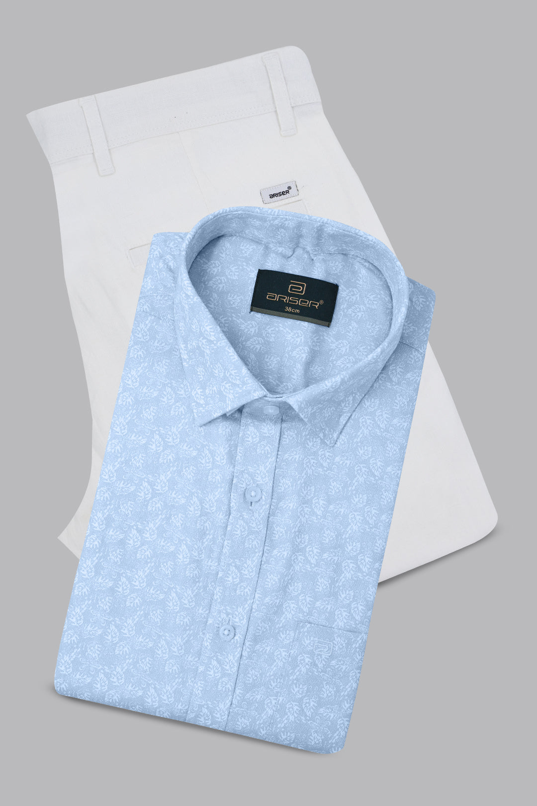 Light blue patterned shirt on a white background